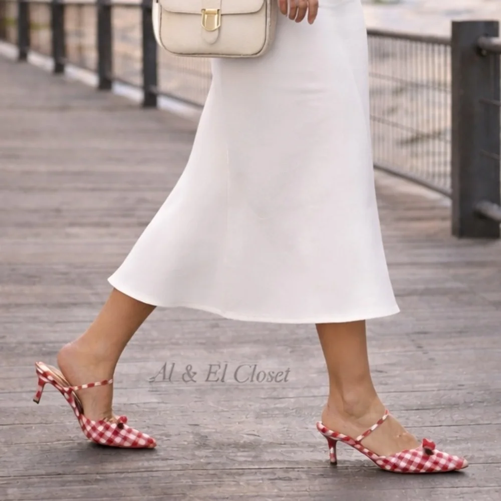 Wild Fable Red Gingham Pointed Toe Mules Size 6.5 Bow Kitten Heel New With Tags